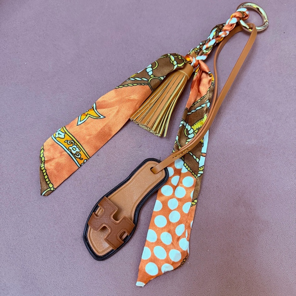 Handmade Brown Bag charms Miniature sandals tassel twilly 3in1 accessories